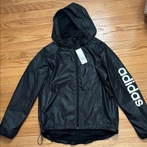 adidas women’s Black Hooded Windbreaker with White Sleeve Logo